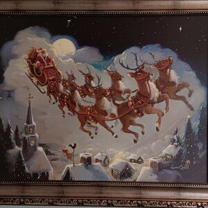 Vintage Framed Art Print "Santa and Reindeer" - 34x28